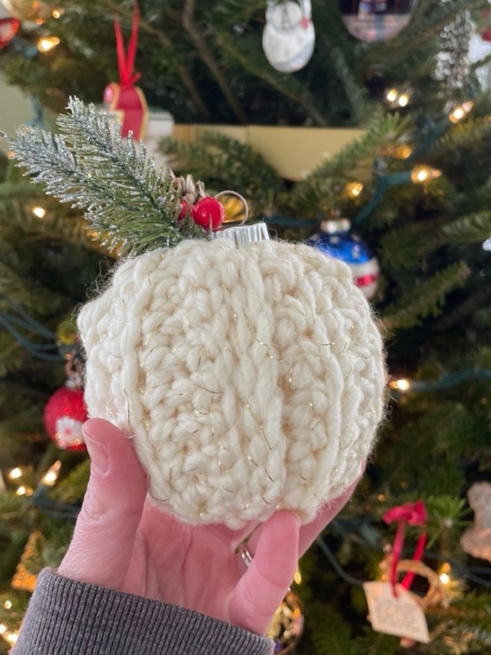 Handmade Cream Holiday Ornament with Sparkle Trim